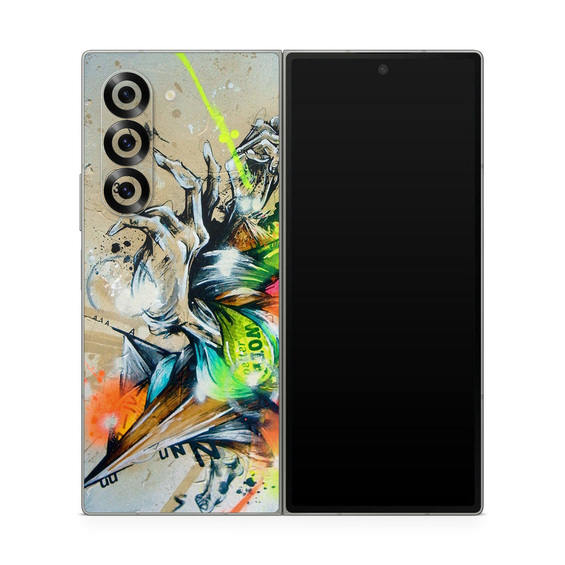 Samsung Galaxy Z Fold6 Skin design of Graphic design, Art, Illustration, Fictional character, Visual arts, Graphics, Painting, Watercolor paint, Modern art, Games, with gray, black, green, red, orange, pink colors