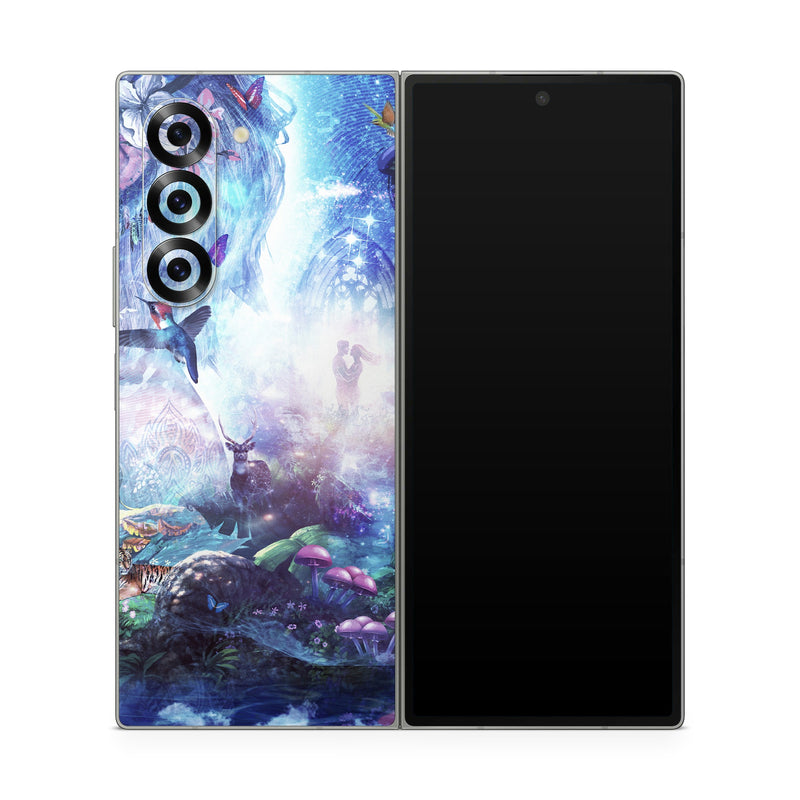 Samsung Galaxy Z Fold6 Skin design of Man, Woman, Fictional Character, Mythology, Bird, Wing, Mythical Creature, Deer, Tiger, Mushrooms, Butterfly, with white, blue, green, red, yellow, black, purple, gray colors