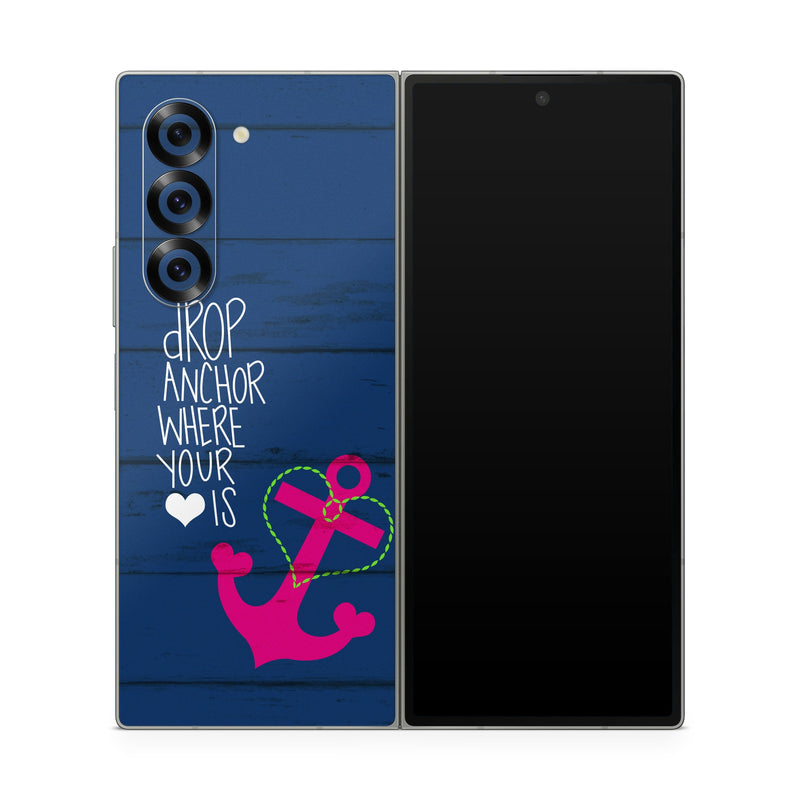 Samsung Galaxy Z Fold6 Skin design of Font, Text, Love, Heart, Illustration, Anchor, Graphic design, Gesture, with black, purple, gray, red, blue, white colors