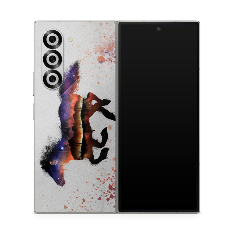 Samsung Galaxy Z Fold6 Skin design of Watercolor paint, Illustration, Art, Horse, Paint, Drawing, Graphic design, Painting, Visual arts, Mustang horse, with gray, white, purple, red, yellow, black, orange colors