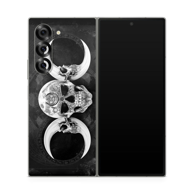 Samsung Galaxy Z Fold6 Skin design of Bone, Skull, Darkness, Monochrome, Black-and-white, Circle, Symmetry, Visual Arts, Illustration, Skeleton, Drawing, with black, white, gray colors