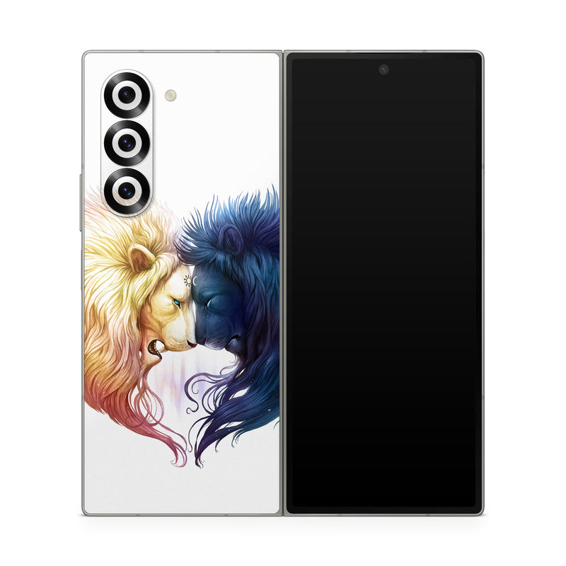 Samsung Galaxy Z Fold6 Skin design of Vertebrate, Eyelash, Mammal, Ear, Gesture, Cartoon, Art, Painting, Happy, Paint, with white, black, blue, orange, yellow, red, purple colors