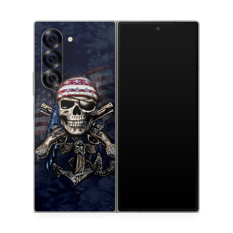 Samsung Galaxy Z Fold6 Skin design of Skull, Bone, Skeleton, Illustration, Outerwear, T-shirt, Flag, Art, with black, gray, red colors