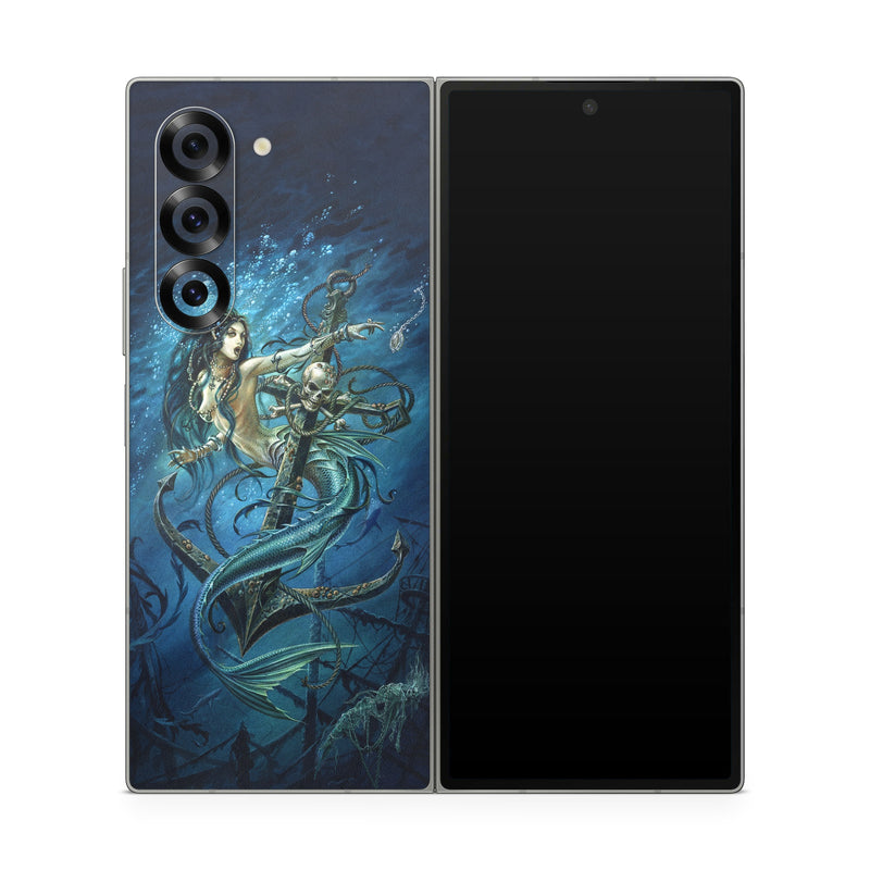 Samsung Galaxy Z Fold6 Skin design of Mermaid, Cg artwork, Illustration, Fictional character, Art, Mythology, Mythical creature, Graphic design, with blue, green, white, black colors