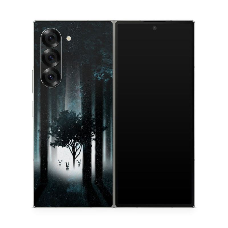 Samsung Galaxy Z Fold6 Skin design of Darkness, Black, Nature, Tree, Natural environment, Forest, Atmosphere, Atmospheric phenomenon, Light, Natural landscape, with black, blue, white colors
