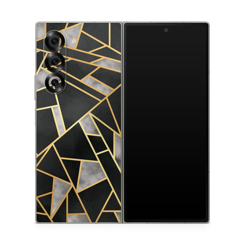 Samsung Galaxy Z Fold6 Skin design of Pattern, Triangle, Yellow, Line, Tile, Floor, Design, Symmetry, Architecture, Flooring, with black, gray, yellow colors