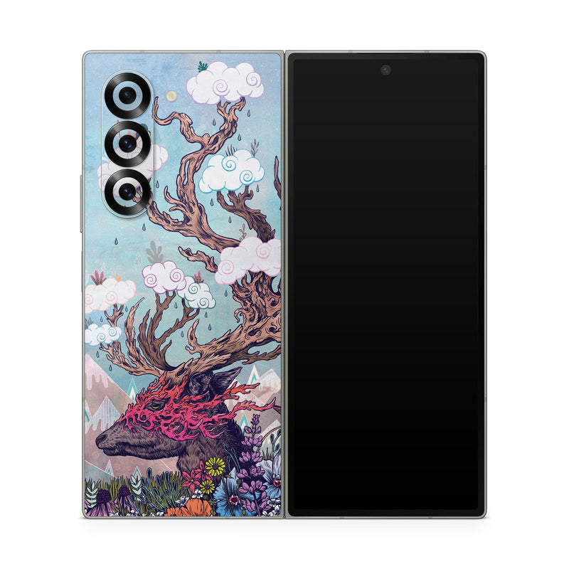 Samsung Galaxy Z Fold6 Skin design of Illustration, Tree, Watercolor paint, Painting, Art, Plant, Acrylic paint, Fictional character, Flower, Blossom, with gray, black, red, purple, blue colors