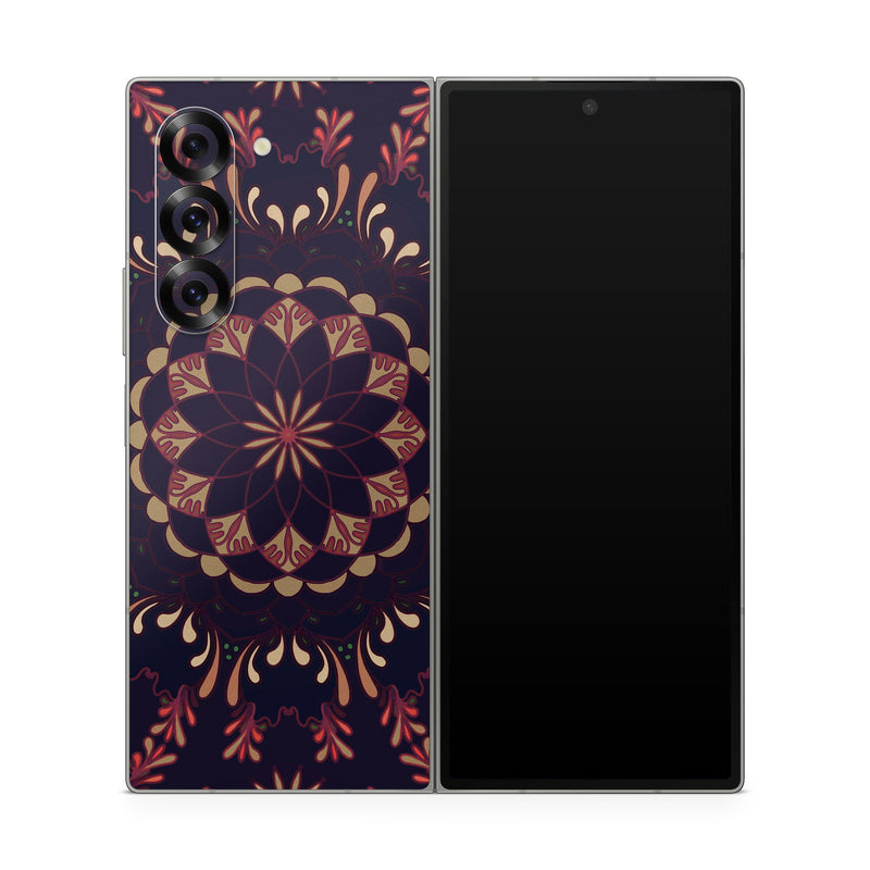 Samsung Galaxy Z Fold6 Skin design of Pattern, Brown, Red, Symmetry, Textile, Design, Visual arts, Tapestry, Kaleidoscope, with black, red, orange, yellow, brown colors