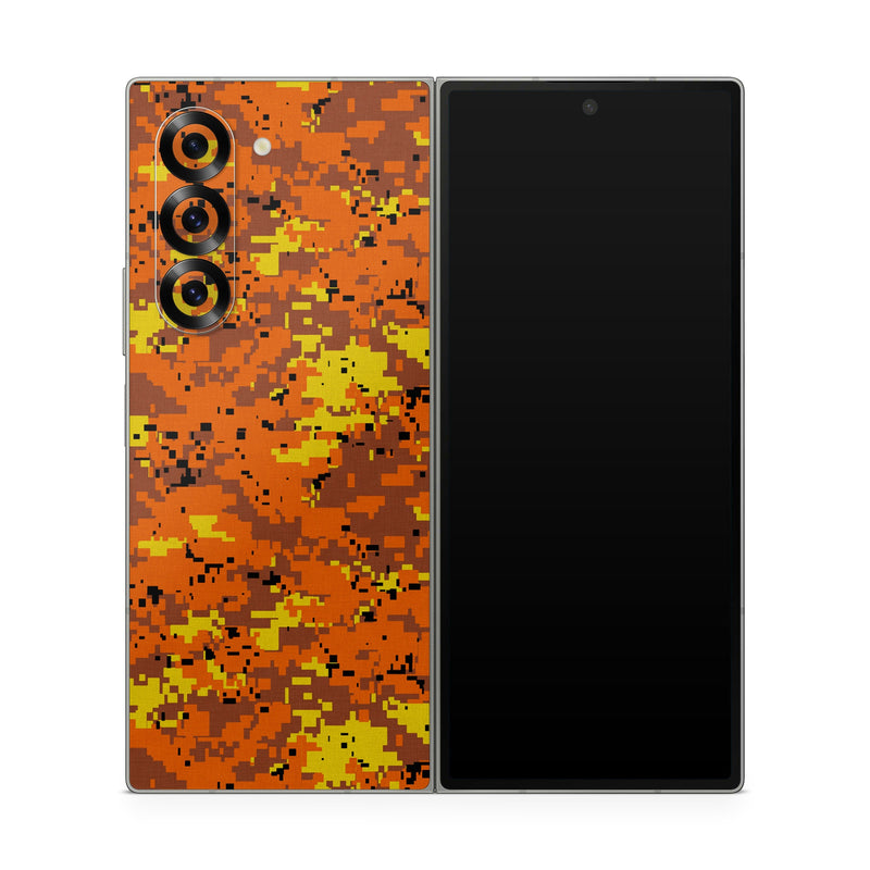 Samsung Galaxy Z Fold6 Skin design of Orange, Yellow, Leaf, Tree, Pattern, Autumn, Plant, Deciduous, with red, green, black colors