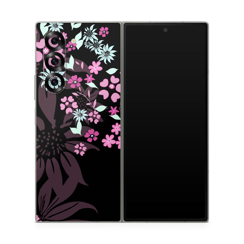 Samsung Galaxy Z Fold6 Skin design of Pink, Pattern, Flower, Plant, Botany, Petal, Floral design, Design, Pedicel, Graphic design, with black, gray, purple, green, red, pink colors