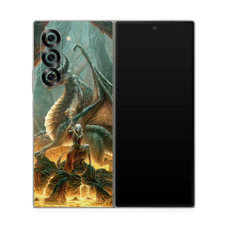 Samsung Galaxy Z Fold6 Skin design of Dragon, Cg artwork, Mythology, Fictional character, Mythical creature, Art, Illustration, Cryptid, Sculpture, Demon, with black, green, red, gray, blue colors