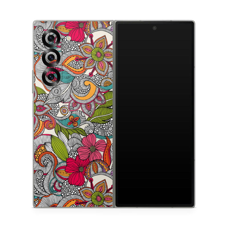 Samsung Galaxy Z Fold6 Skin design of Pattern, Drawing, Visual arts, Art, Design, Doodle, Floral design, Motif, Illustration, Textile, with gray, red, black, green, purple, blue colors
