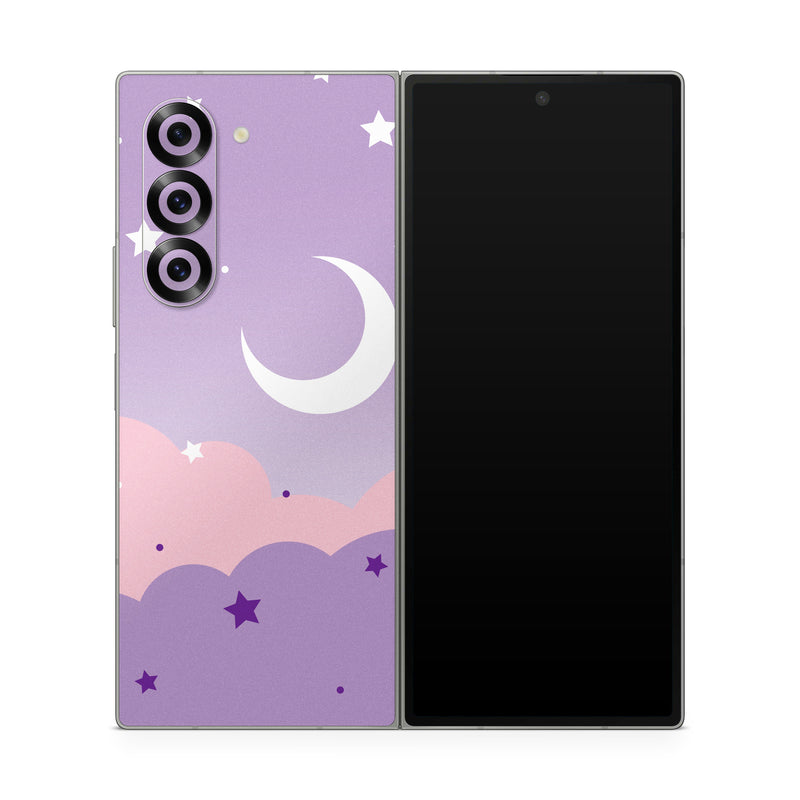 Samsung Galaxy Z Fold6 Skin design of Astronomical object, Pink, Star, Purple, Crescent, Moon, Graphics, Animation, Wallpaper, Graphic design, with purple, white colors