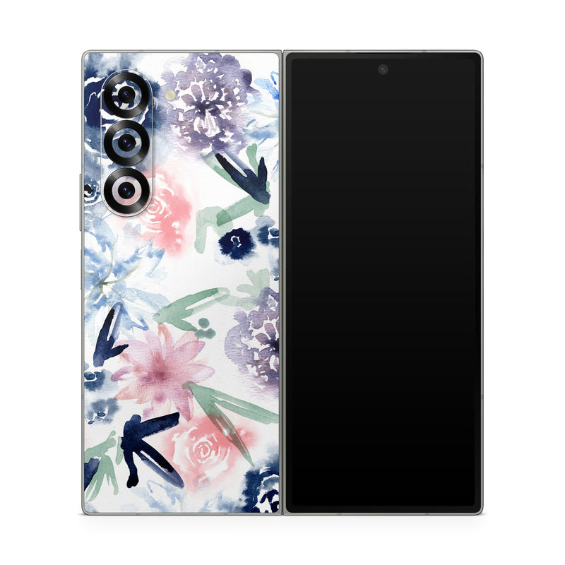 Samsung Galaxy Z Fold6 Skin design of Pattern, Graphic design, Design, Floral design, Plant, Flower, Illustration, with white, blue, purple, green, pink colors