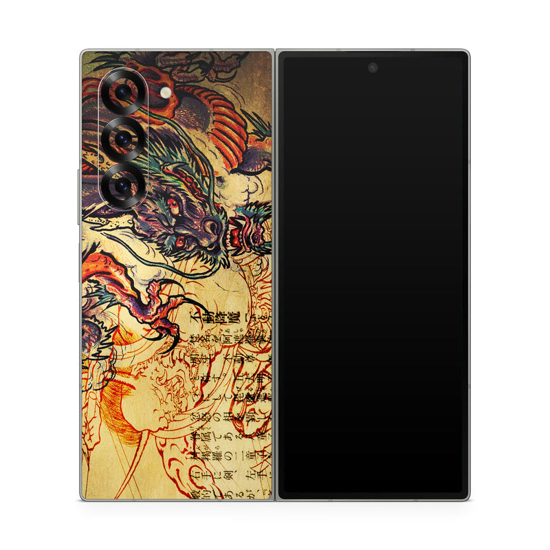Samsung Galaxy Z Fold6 Skin design of Illustration, Fictional character, Art, Demon, Drawing, Visual arts, Dragon, Supernatural creature, Mythical creature, Mythology, with black, green, red, gray, pink, orange colors