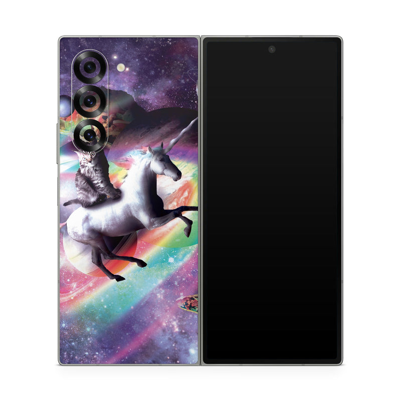 Samsung Galaxy Z Fold6 Skin design of Illustration, Graphic design, Fictional character, Space, Sky, Astronomical object, Universe, Outer space, Art, Unicorn, with black, white, gray, red, yellow, green, blue, orange colors