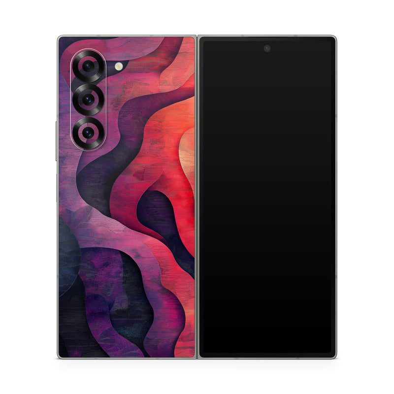 Samsung Galaxy Z Fold6 Skin design of Red, Orange, Art, Brown, Pink, Paint, Modern art, Graphics, Fractal art, Art Paint, with red, orange, yellow, purple, pink, black colors