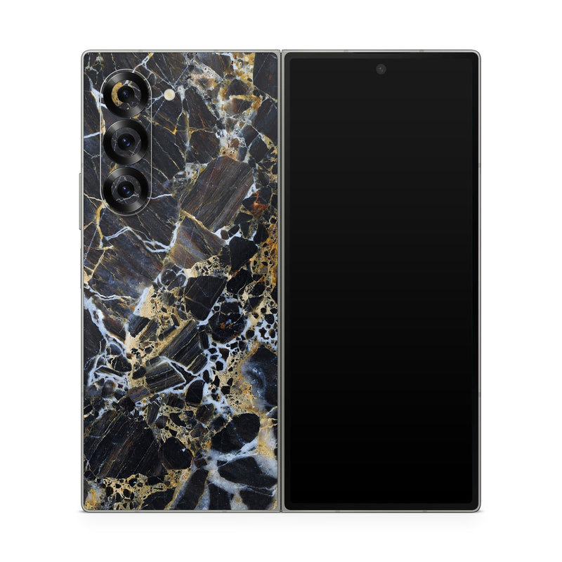 Samsung Galaxy Z Fold6 Skin design of Black, Yellow, Rock, Brown, Marble, Water, Close-up, Granite, Pattern, Geology, with black, white, orange, gray, yellow colors