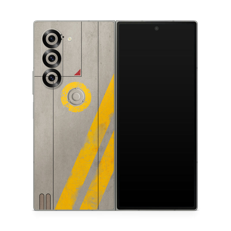 Samsung Galaxy Z Fold6 Skin design of Yellow, Wall, Line, Orange, Design, Concrete, Font, Architecture, Parallel, Wood, with gray, yellow, red, black colors