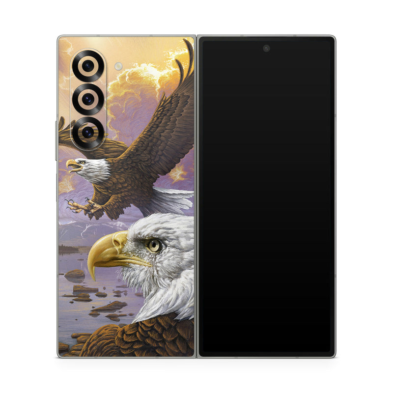 Samsung Galaxy Z Fold6 Skin design of Bird, Bird of prey, Bald eagle, Vertebrate, Eagle, Accipitriformes, Accipitridae, Golden eagle, Beak, Hawk, with gray, black, green, red, purple colors
