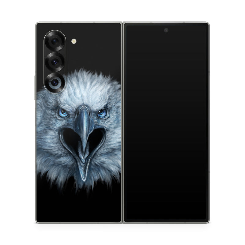 Samsung Galaxy Z Fold6 Skin design of Bird, Vertebrate, Bird of prey, Beak, Eagle, Wildlife, Organ, Close-up, Eye, Accipitriformes, with white, gray, black, blue colors