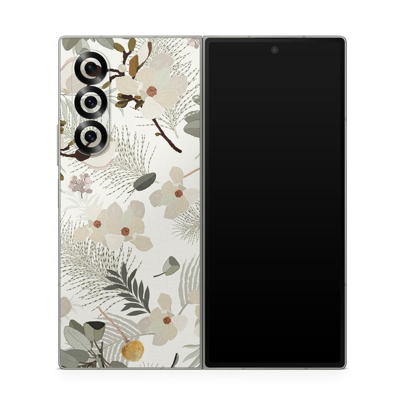 Samsung Galaxy Z Fold6 Skin design of Branch, Botany, Twig, Plant, Textile, Organism, Art, Creative arts, Pattern, Tints and shades, with white, green, yellow, brown, gray colors
