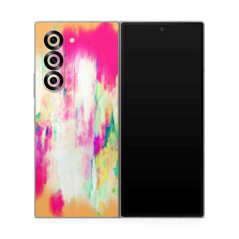 Samsung Galaxy Z Fold6 Skin design of Pink, Magenta, Art, Watercolor paint, Dye, Visual arts, Pattern, Modern art, Painting, Acrylic paint, with red, white, green colors