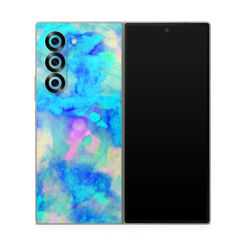 Samsung Galaxy Z Fold6 Skin design of Blue, Turquoise, Aqua, Pattern, Dye, Design, Sky, Electric blue, Art, Watercolor paint, with blue, purple colors