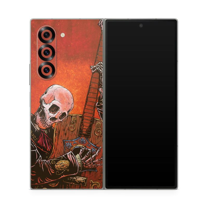 Samsung Galaxy Z Fold6 Skin design of Sleeve, Art, Painting, Personal protective equipment, Artist, Music, Font, Visual arts, Drawing, Skull, with white, black, gray, brown, orange, yellow, red colors