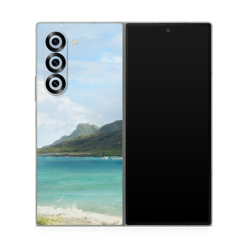 Samsung Galaxy Z Fold6 Skin design of Body of water, Tropics, Nature, Natural landscape, Shore, Coast, Caribbean, Sea, Tree, Beach, with gray, black, blue, green colors