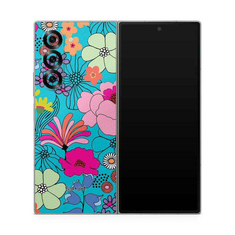 Samsung Galaxy Z Fold6 Skin design of Flower, Green, Azure, Nature, Botany, Petal, Blue, Textile, Pink, Art, with blue, pink, yellow, orange, red, purple, green colors