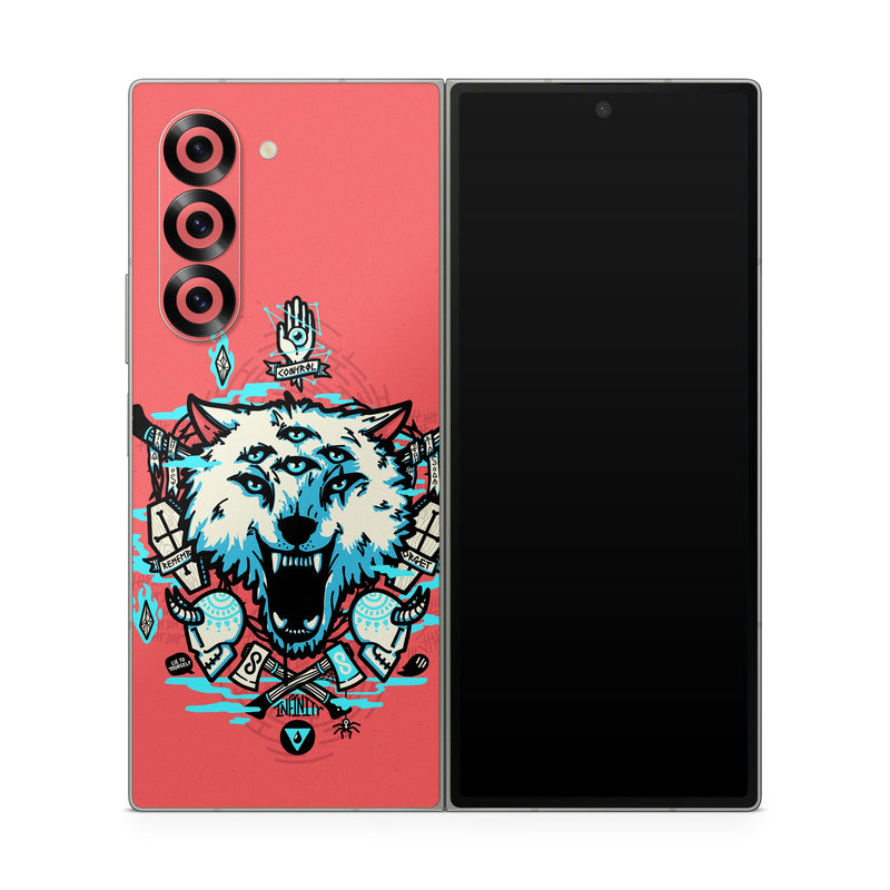 Samsung Galaxy Z Fold6 Skin design of Graphic design, Illustration, Crest, Logo, T-shirt, Symbol, Font, Graphics, Emblem, Pattern, with red, blue, black, gray colors