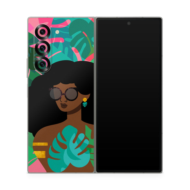 Samsung Galaxy Z Fold6 Skin design of Illustration, Afro, Art, Eyewear, Glasses, Graphic design, Visual arts, Graphics, Fictional character, with brown, black, green, pink, blue, yellow colors