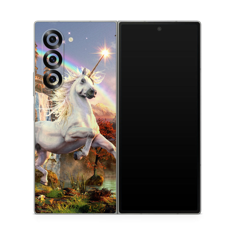 Samsung Galaxy Z Fold6 Skin design of Nature, Unicorn, Fictional character, Sky, Mythical creature, Mythology, Cg artwork, Horse, Mane, Wildlife, with black, gray, red, green, blue colors