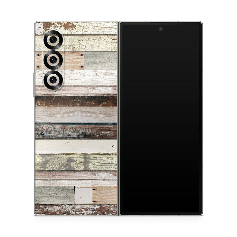 Samsung Galaxy Z Fold6 Skin design of Wood, Wall, Plank, Line, Lumber, Wood stain, Beige, Parallel, Hardwood, Pattern, with brown, white, gray, yellow colors