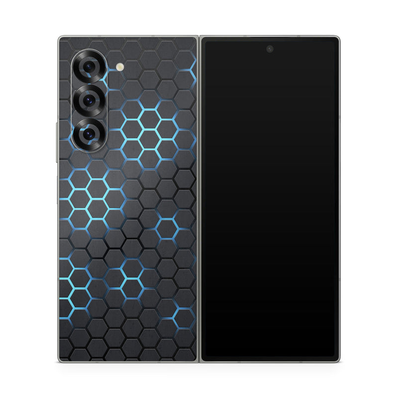 Samsung Galaxy Z Fold6 Skin design of Pattern, Water, Design, Circle, Metal, Mesh, Sphere, Symmetry, with black, gray, blue colors