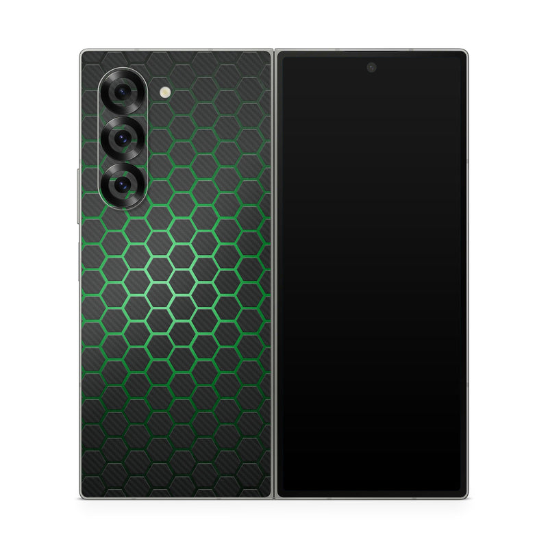Samsung Galaxy Z Fold6 Skin design of Pattern, Metal, Design, Carbon, Space, Circle, with black, gray, green colors