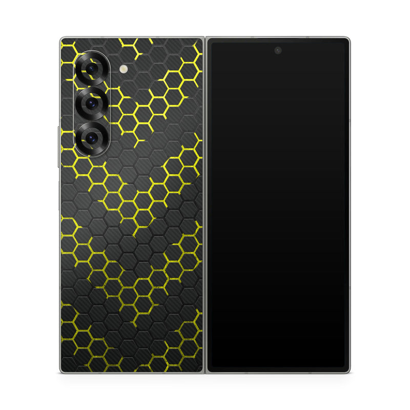 Samsung Galaxy Z Fold6 Skin design of Black, Pattern, Yellow, Mesh, Net, Chain-link fencing, Design, Metal, with black, gray, yellow colors