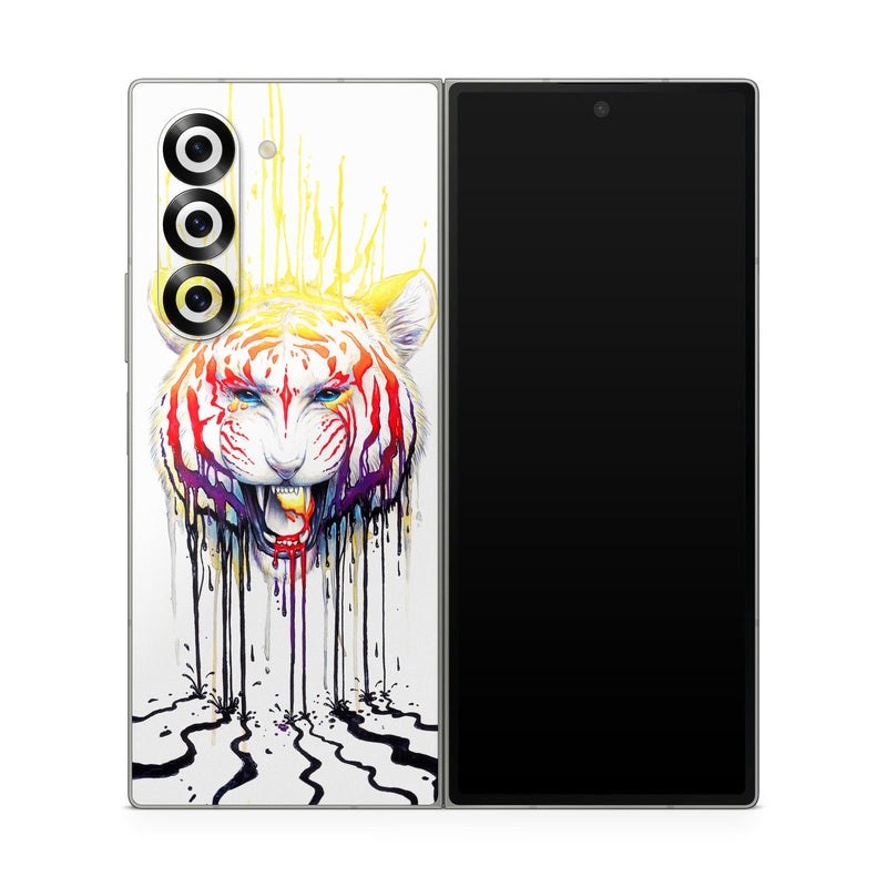 Samsung Galaxy Z Fold6 Skin design of Jaw, Roar, Organism, Gesture, Art, Font, Felidae, Painting, Illustration, Drawing, with white, black, yellow, red, orange, purple colors