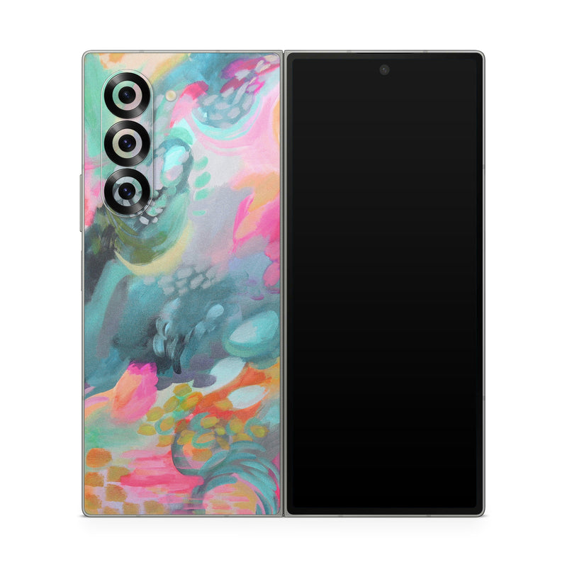 Samsung Galaxy Z Fold6 Skin design of Painting, Acrylic paint, Modern art, Art, Pink, Visual arts, Watercolor paint, Pattern, Illustration, Paint, with blue, pink, orange, yellow, green, purple colors