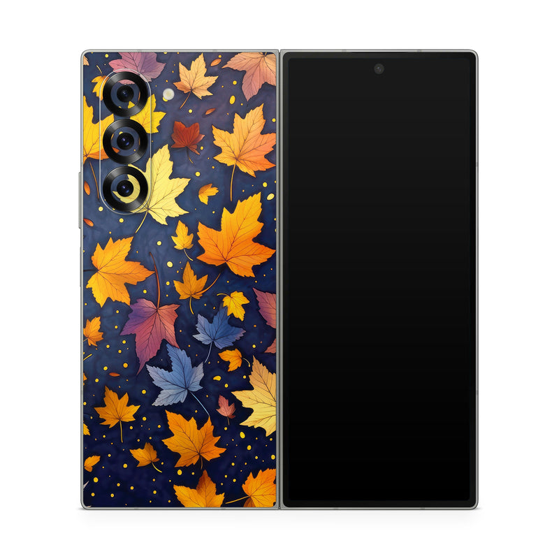Samsung Galaxy Z Fold6 Skin design of Orange, Line, Pattern, Electric blue, Symmetry, Groundcover, Flowering plant, Design, Flower, Art, with yellow, orange, red, black, blue, purple colors