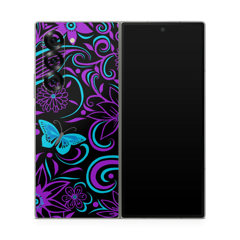 Samsung Galaxy Z Fold6 Skin design of Pattern, Purple, Violet, Turquoise, Teal, Design, Floral design, Visual arts, Magenta, Motif, with black, purple, blue colors