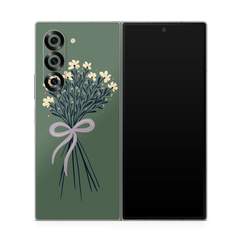 Samsung Galaxy Z Fold6 Skin design of Flower, Plant, Twig, Tree, Art, Pedicel, Flowering plant, Grass, Petal, Illustration, with green, yellow, white, purple colors