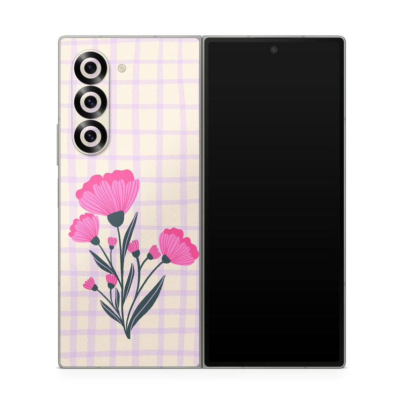 Samsung Galaxy Z Fold6 Skin design of Flower, Plant, Petal, Product, Dishware, Textile, Creative arts, Pink, Art, Magenta, with white, green, pink, purple colors