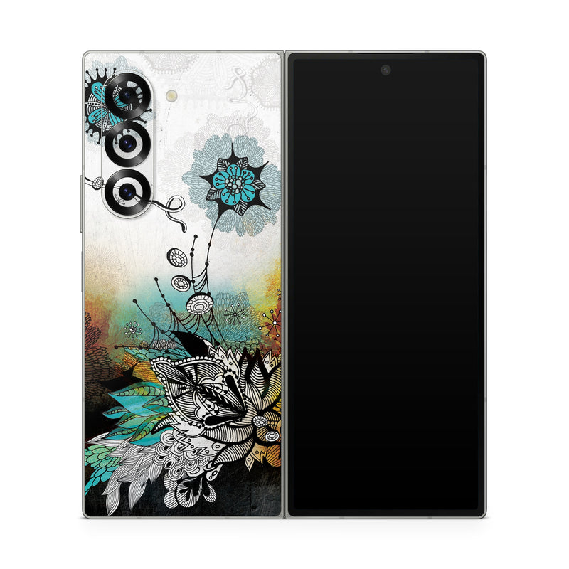 Samsung Galaxy Z Fold6 Skin design of Graphic design, Illustration, Art, Design, Visual arts, Floral design, Font, Graphics, Modern art, Painting, with black, gray, red, green, blue colors