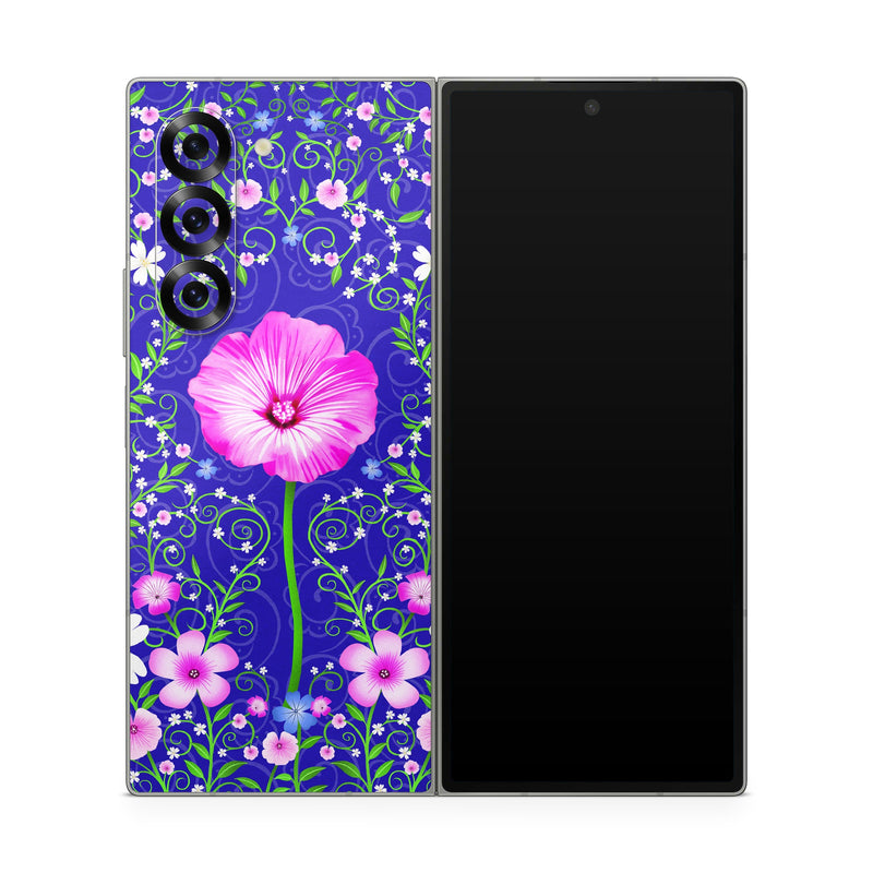 Samsung Galaxy Z Fold6 Skin design of Purple, Violet, Flower, Plant, Wildflower, Pattern, Petal, Design, Graphics, Morning glory, with blue, purple, pink, green, white, yellow colors