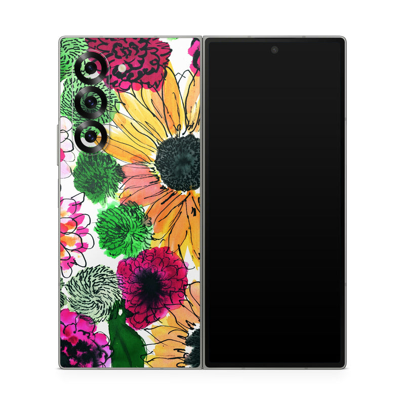 Samsung Galaxy Z Fold6 Skin design of Flower, Floral design, Plant, Gazania, african daisy, Petal, Pattern, Botany, Wildflower, Design, with red, yellow, green, pink, black colors