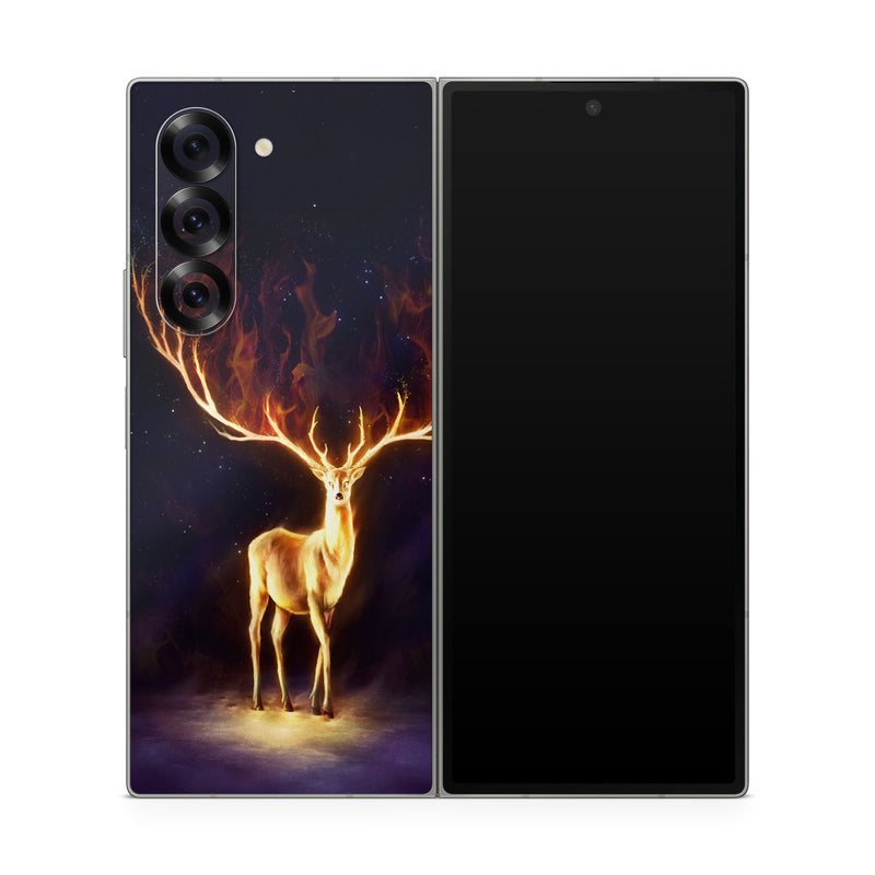 Samsung Galaxy Z Fold6 Skin design of Plant, Tree, Organism, Entertainment, Fawn, Art, Heat, Performing arts, Landscape, Sky, with black, yellow, red, orange, purple colors