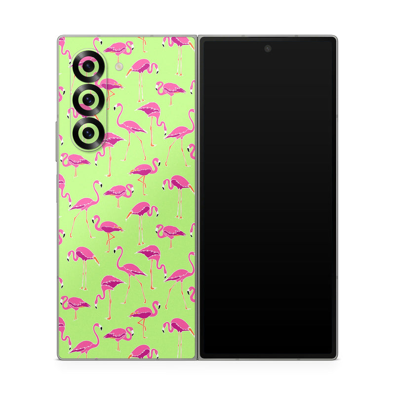 Samsung Galaxy Z Fold6 Skin design of Pink, Green, Red, Pattern, Wrapping paper, Textile, Design, Flamingo, Line, with pink, green colors
