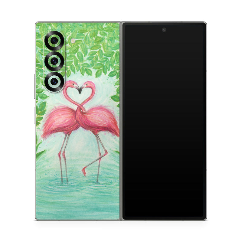 Samsung Galaxy Z Fold6 Skin design of Flamingo, Greater flamingo, Bird, Water bird, Pink, Illustration, Watercolor paint, Organism, Drawing, Stork, with pink, blue, green colors